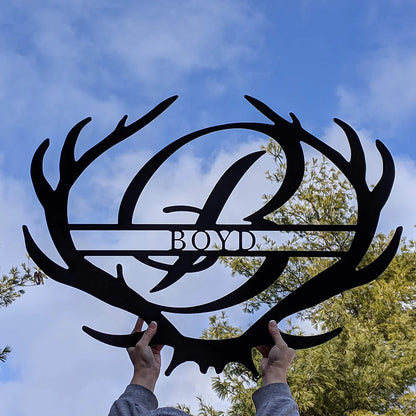 Antler Rustic Family Name Monogram Metal Sign Boyd - sky background
