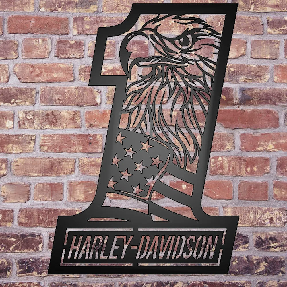 Harley Davidson 1 with Flag and Eagle Black on brick wall background