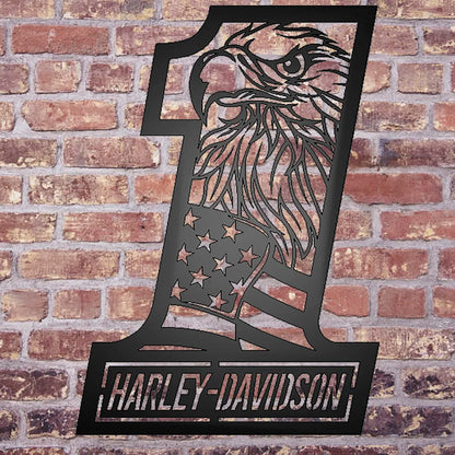 Harley Davidson 1 with Flag and Eagle Black on brick wall background