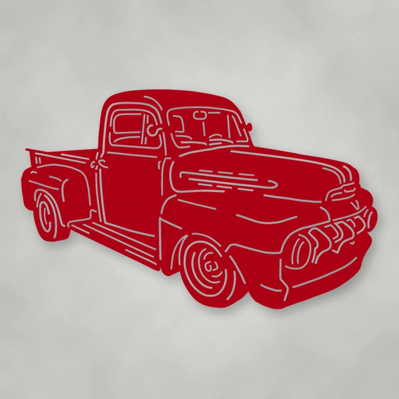 Truck Silhouette 1951 Ford F1 Pickup Metal Wall Sign shown in Gloss Red powder coat finish.