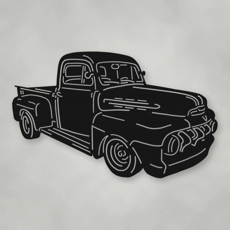 Truck Silhouette 1951 Ford F1 Pickup Metal Wall Sign shown in Matte Black powder coat finish.