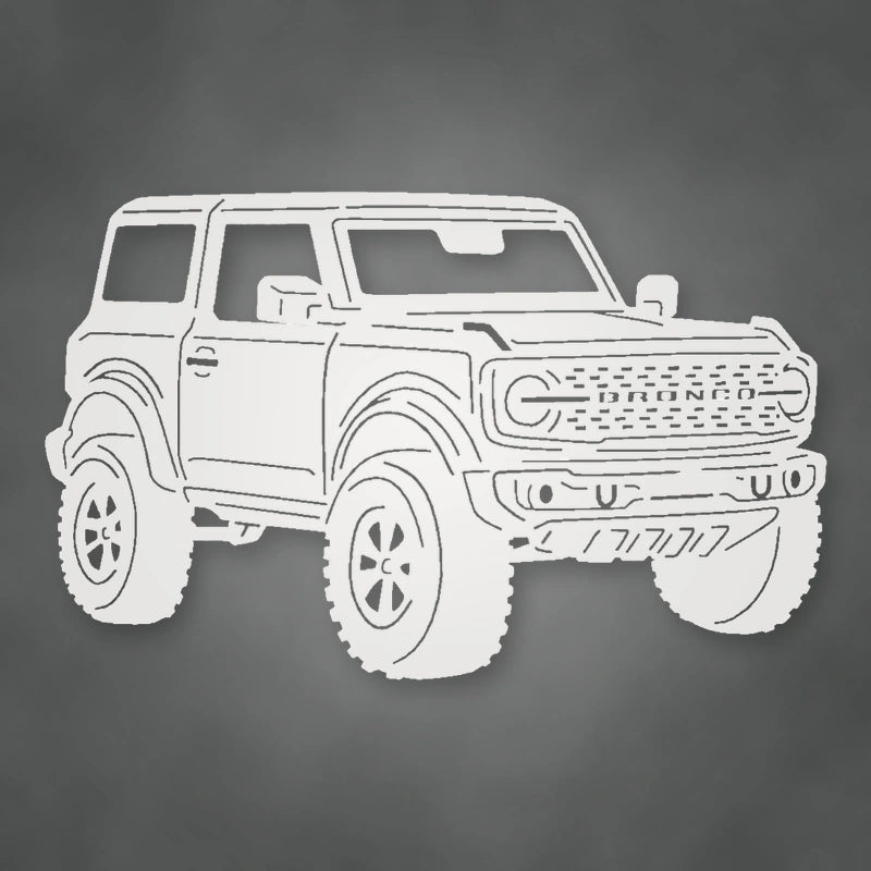 Ford Bronco 2021 Two Door Metal Sign shown in Gloss White powder coat finish.
