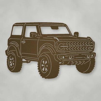 Ford Bronco 2021 Two Door Metal Sign shown in Metallic Bronze powder coat finish.