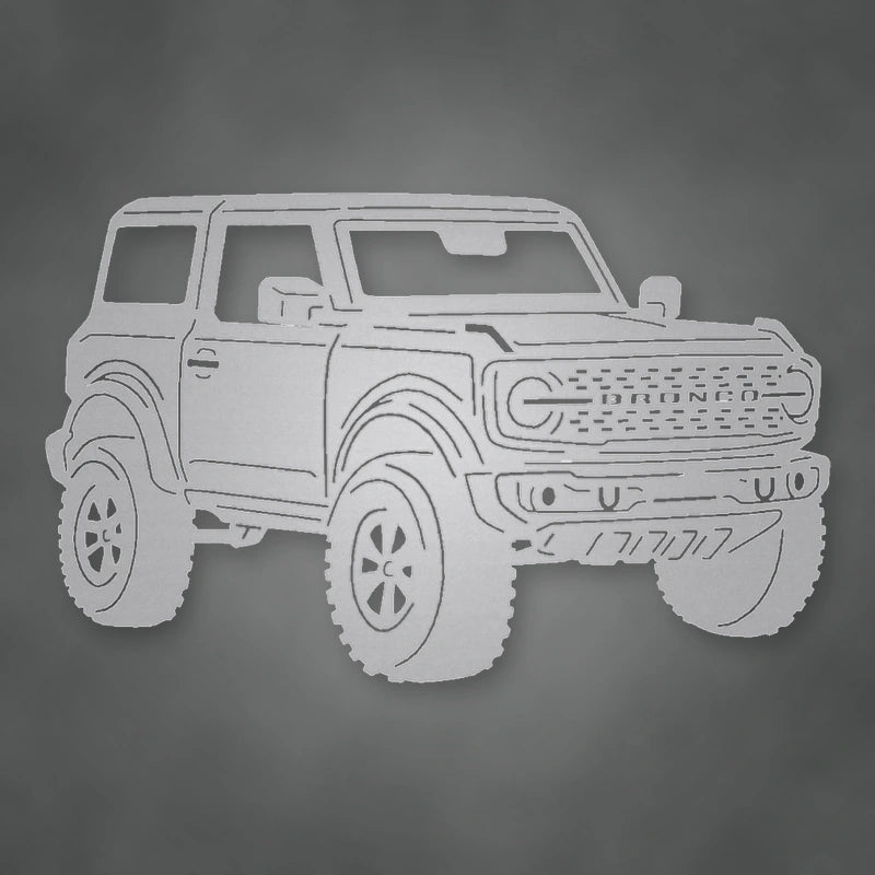 Ford Bronco 2021 Two Door Metal Sign shown in Metallic Silver powder coat finish.