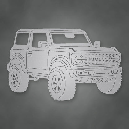Ford Bronco 2021 Two Door Metal Sign shown in Metallic Silver powder coat finish.