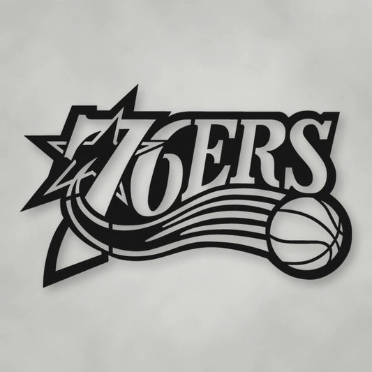 Sixers Logo 76ers Metal Sign shown in Matte Black powder coat finish.