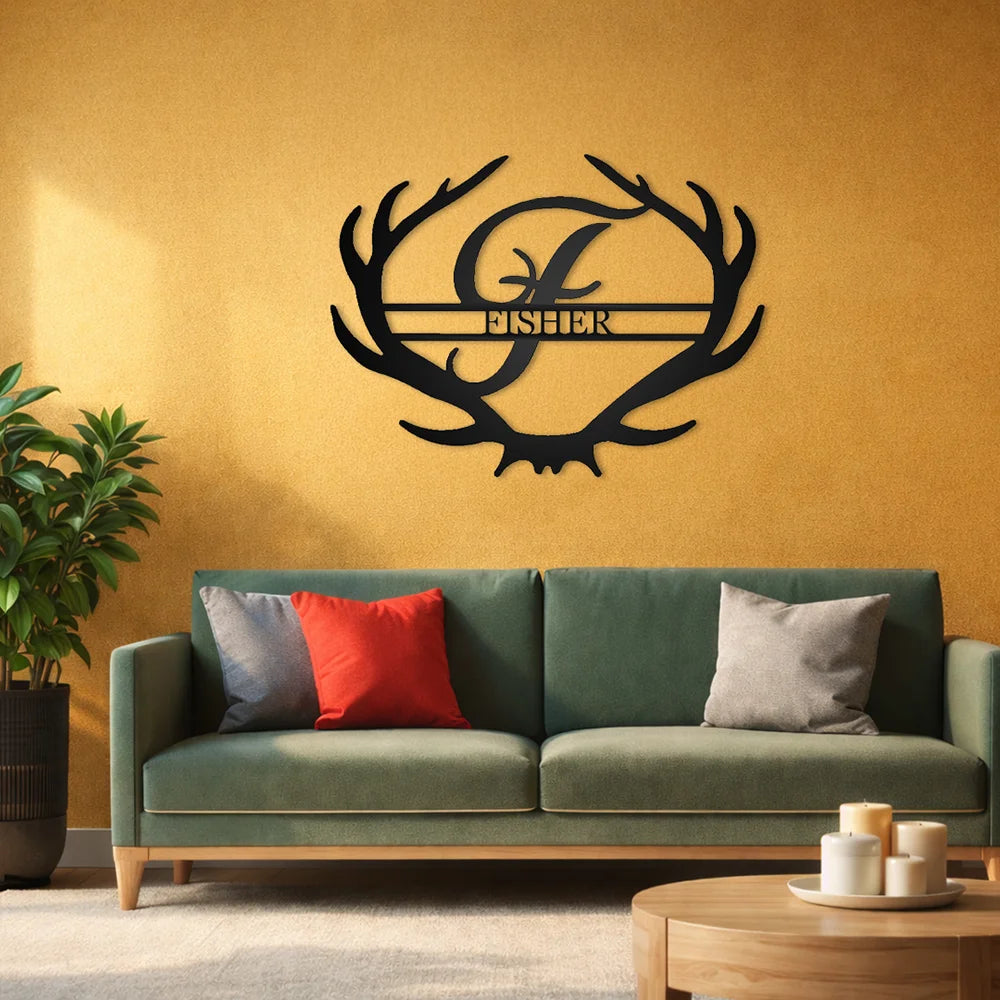 Antler Rustic Family Name Monogram Metal Sign – Indoor or Outdoor Steel Wall Art with Customization