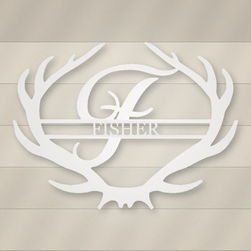 Antler Rustic Family Name Monogram Metal Sign shown in Gloss White powder coat finish.