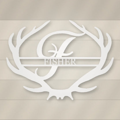 Antler Rustic Family Name Monogram Metal Sign shown in Gloss White powder coat finish.