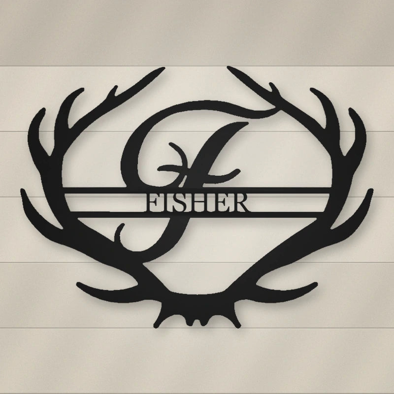 Antler Rustic Family Name Monogram Metal Sign shown in Matte Black powder coat finish.