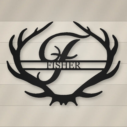 Antler Rustic Family Name Monogram Metal Sign shown in Matte Black powder coat finish.