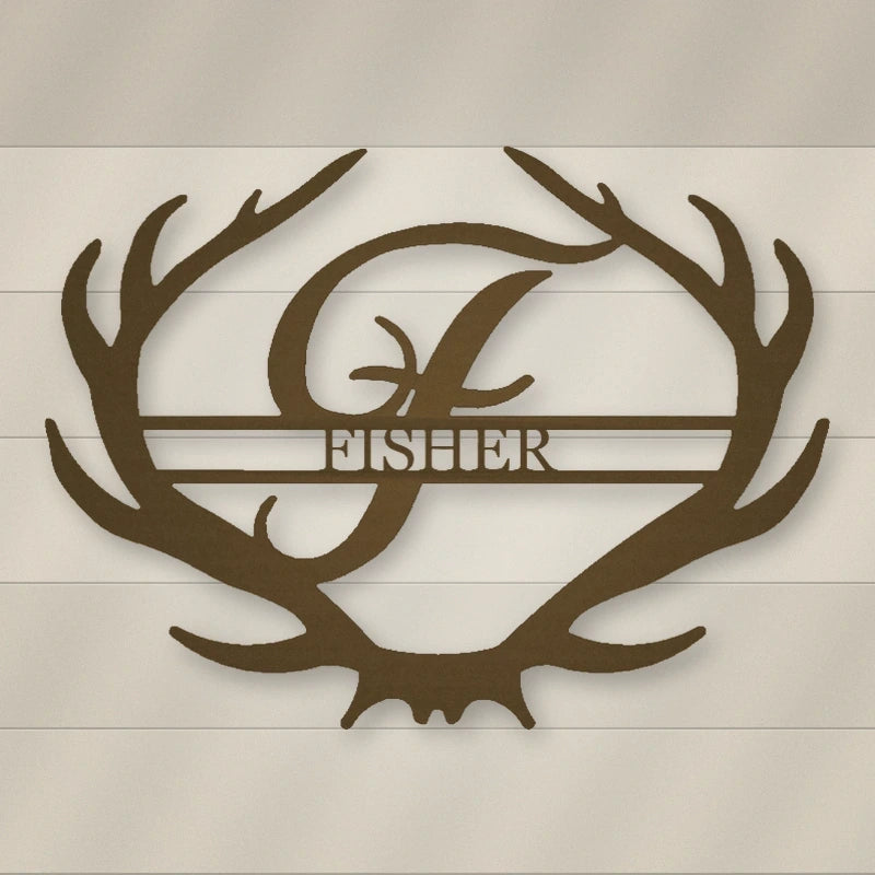 Antler Rustic Family Name Monogram Metal Sign shown in Metallic Bronze powder coat finish.