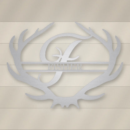Antler Rustic Family Name Monogram Metal Sign shown in Metallic Silver powder coat finish.