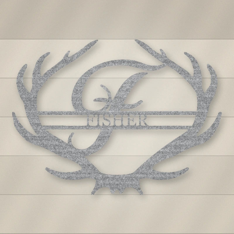 Antler Rustic Family Name Monogram Metal Sign shown in Raw Steel / Rust finish.