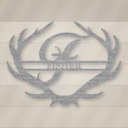 Antler Rustic Family Name Monogram Metal Sign shown in Raw Steel / Rust finish.