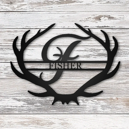 Antler Rustic Family Name Monogram Metal Sign – Indoor or Outdoor Steel Wall Art with Customization