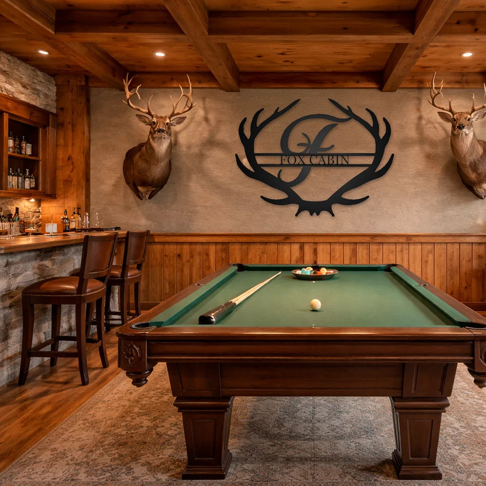 Antler Rustic Family Name Monogram Metal Sign – Indoor or Outdoor Steel Wall Art with Customization