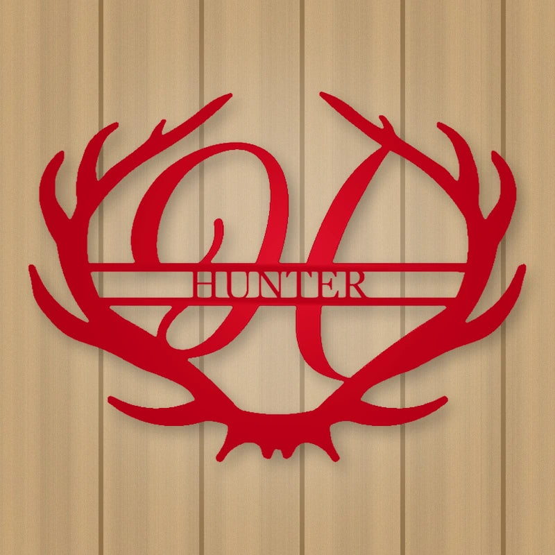 Antler Rustic Family Name Monogram Metal Sign shown in Gloss Red powder coat finish.