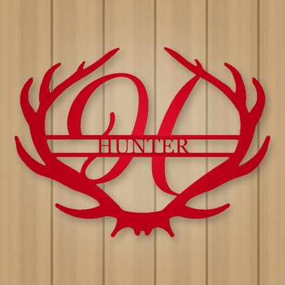 Antler Rustic Family Name Monogram Metal Sign shown in Gloss Red powder coat finish.