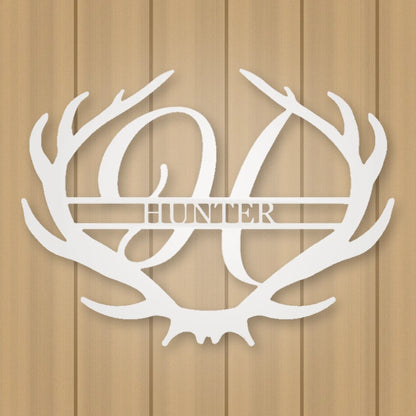 Antler Rustic Family Name Monogram Metal Sign shown in Gloss White powder coat finish.