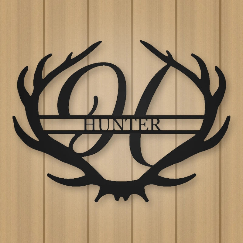 Antler Rustic Family Name Monogram Metal Sign shown in Matte Black powder coat finish.
