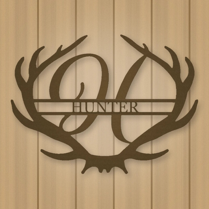 Antler Rustic Family Name Monogram Metal Sign shown in Metallic Bronze powder coat finish.