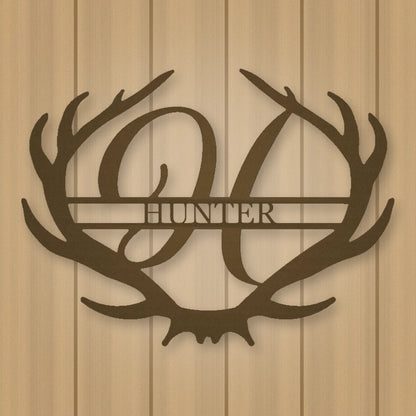 Antler Rustic Family Name Monogram Metal Sign shown in Metallic Bronze powder coat finish.