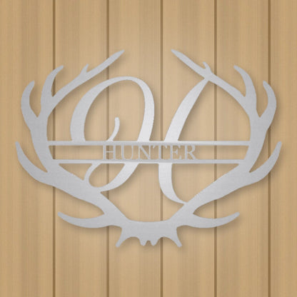 Antler Rustic Family Name Monogram Metal Sign shown in Metallic Silver powder coat finish.