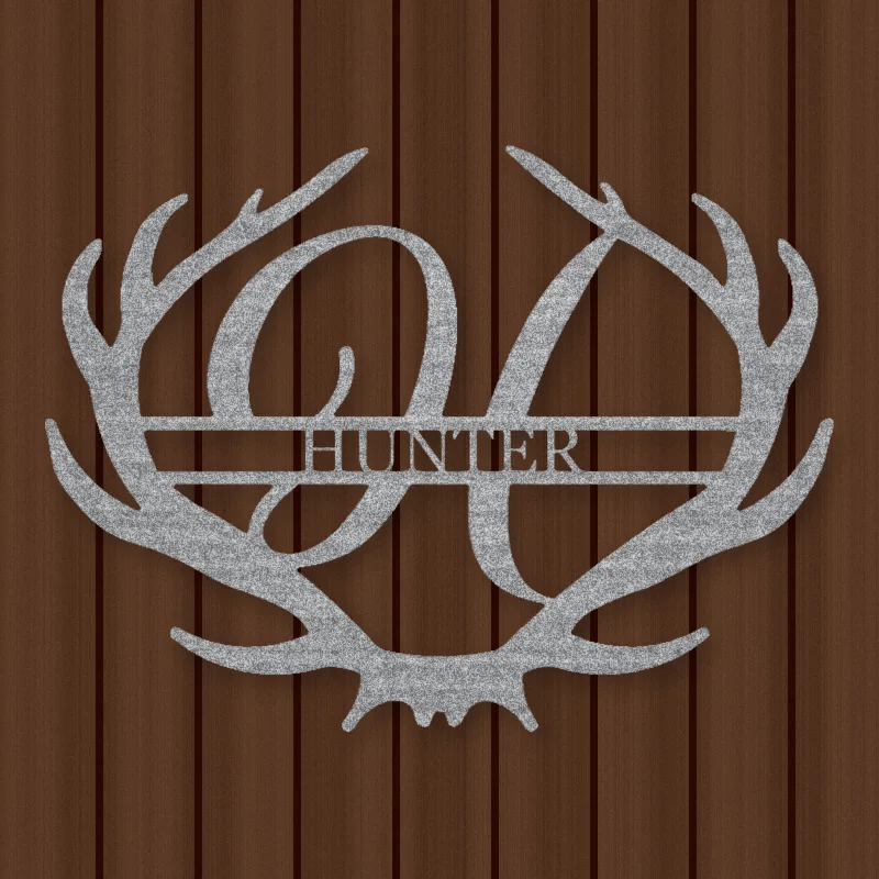 Antler Rustic Family Name Monogram Metal Sign Raw Steel / Rust animated finish preview Shopify Ready.