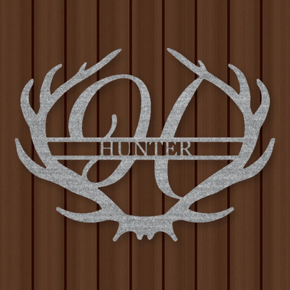 Antler Rustic Family Name Monogram Metal Sign Raw Steel / Rust animated finish preview Shopify Ready.