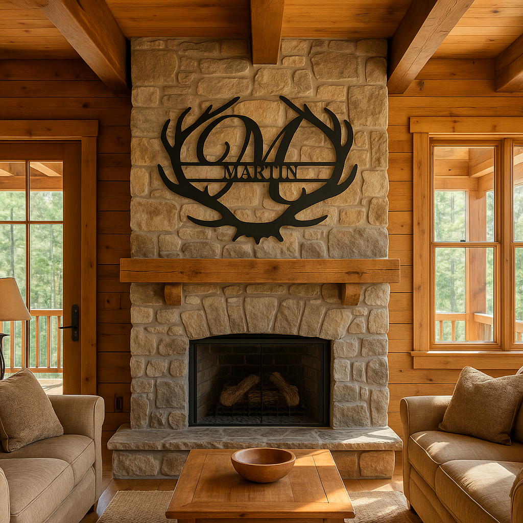 Antler Rustic Family Name Monogram Metal Sign