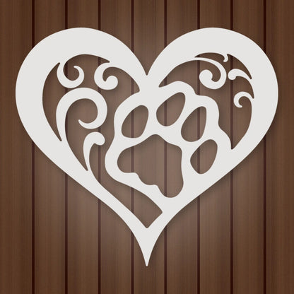 Cat Paw Heart Metal Sign shown in Gloss White powder coat finish.