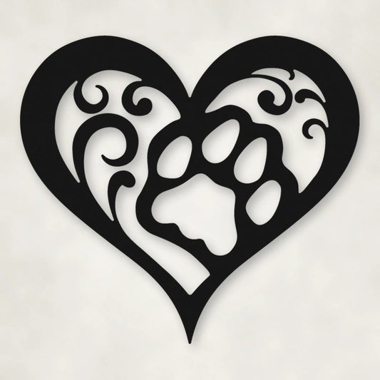 Cat Paw Heart Metal Sign shown in Matte Black powder coat finish.