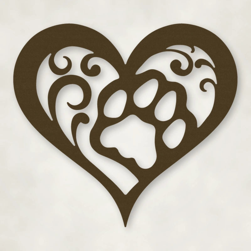 Cat Paw Heart Metal Sign shown in Metallic Bronze powder coat finish.