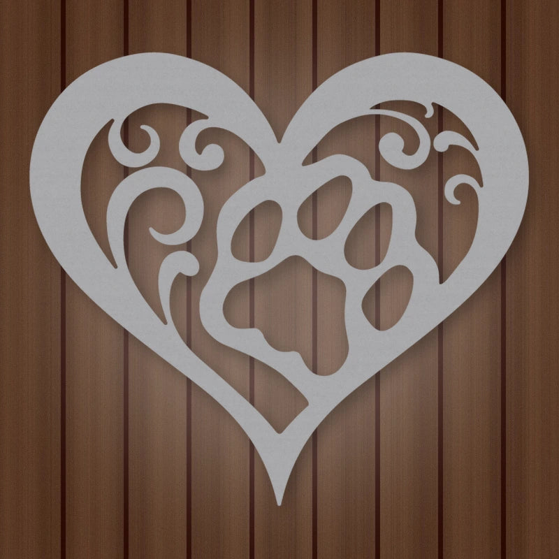 Cat Paw Heart Metal Sign shown in Metallic Silver powder coat finish.