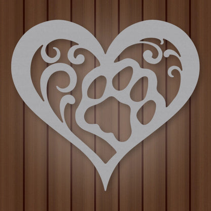 Cat Paw Heart Metal Sign shown in Metallic Silver powder coat finish.