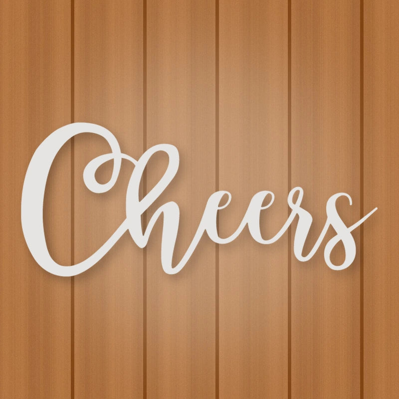 Cheers Script Metal Sign shown in Gloss White powder coat finish.