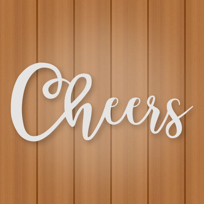 Cheers Script Metal Sign shown in Gloss White powder coat finish.