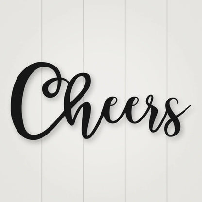 Cheers Script Metal Sign shown in Matte Black powder coat finish.