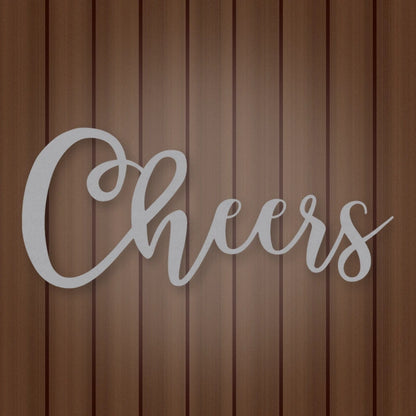 Cheers Script Metal Sign shown in Metallic Silver powder coat finish.