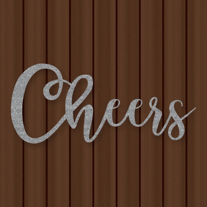 Cheers Script Metal Sign Raw Steel / Rust animated finish preview Shopify Ready.