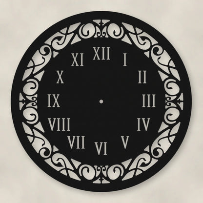 Classic Roman Numeral Metal Wall Clock shown in Matte Black powder coat finish.