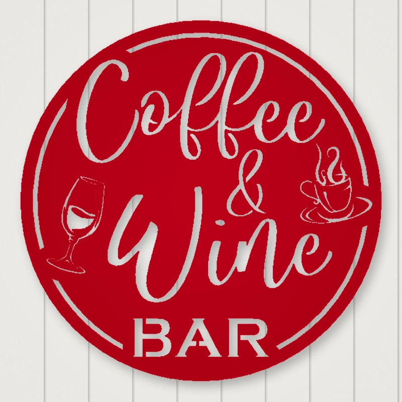 Coffee & Wine Bar Round Metal Wall Sign shown in Gloss Red powder coat finish.