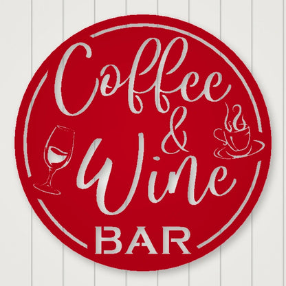 Coffee & Wine Bar Round Metal Wall Sign shown in Gloss Red powder coat finish.