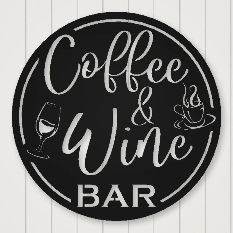 Coffee & Wine Bar Round Metal Wall Sign shown in Matte Black powder coat finish.