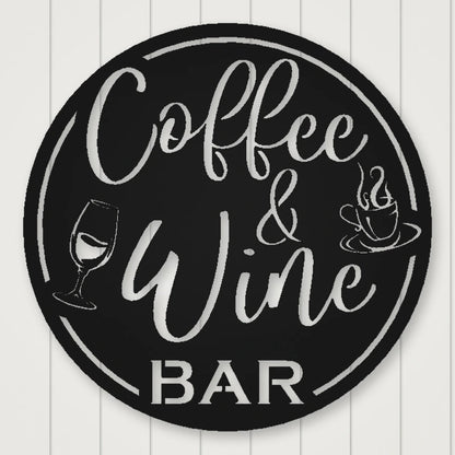 Coffee & Wine Bar Round Metal Wall Sign shown in Matte Black powder coat finish.
