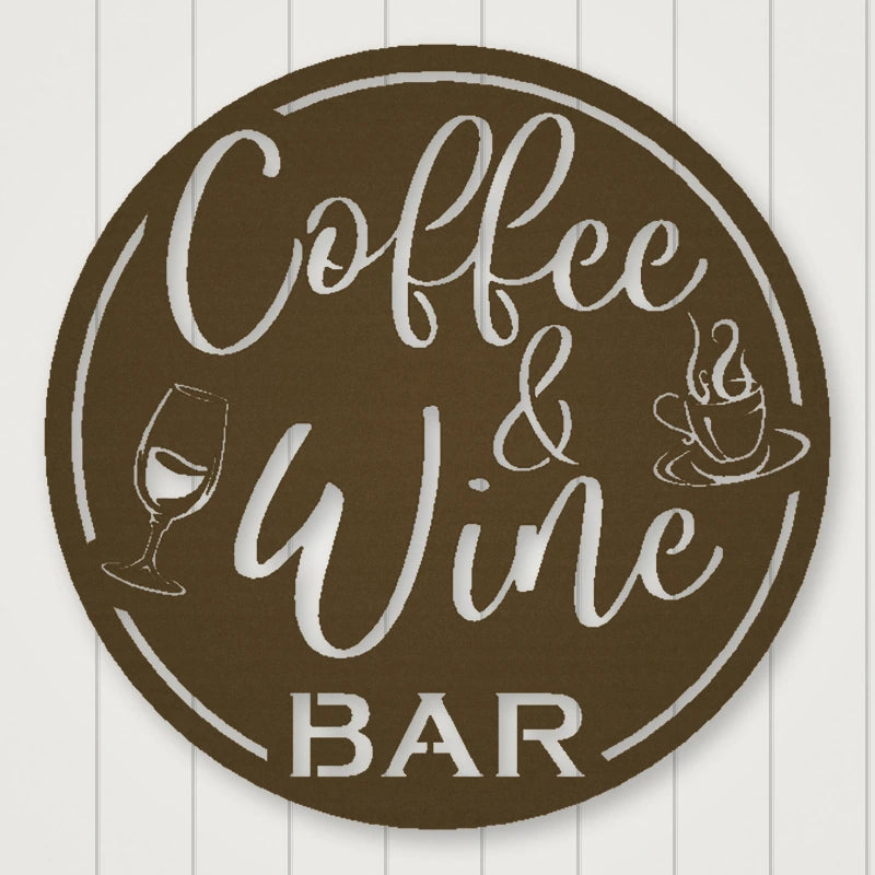 Coffee & Wine Bar Round Metal Wall Sign shown in Metallic Bronze powder coat finish.