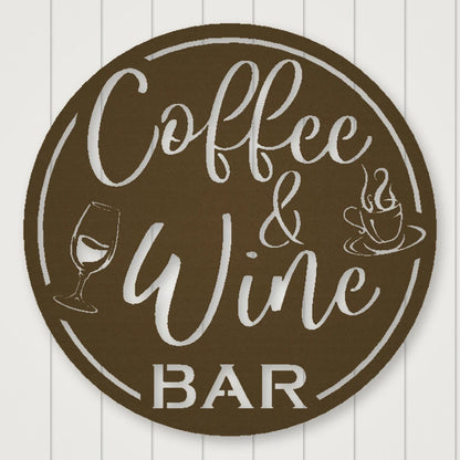 Coffee & Wine Bar Round Metal Wall Sign shown in Metallic Bronze powder coat finish.