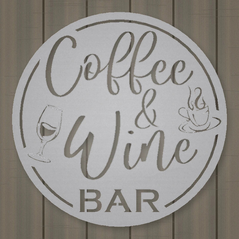 Coffee & Wine Bar Round Metal Wall Sign shown in Metallic Silver powder coat finish.