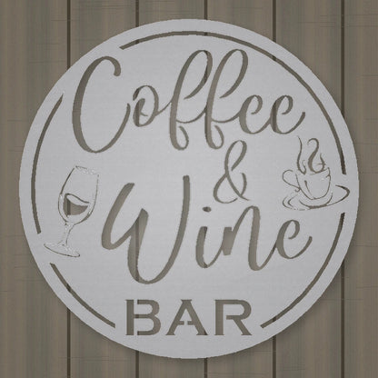 Coffee & Wine Bar Round Metal Wall Sign shown in Metallic Silver powder coat finish.